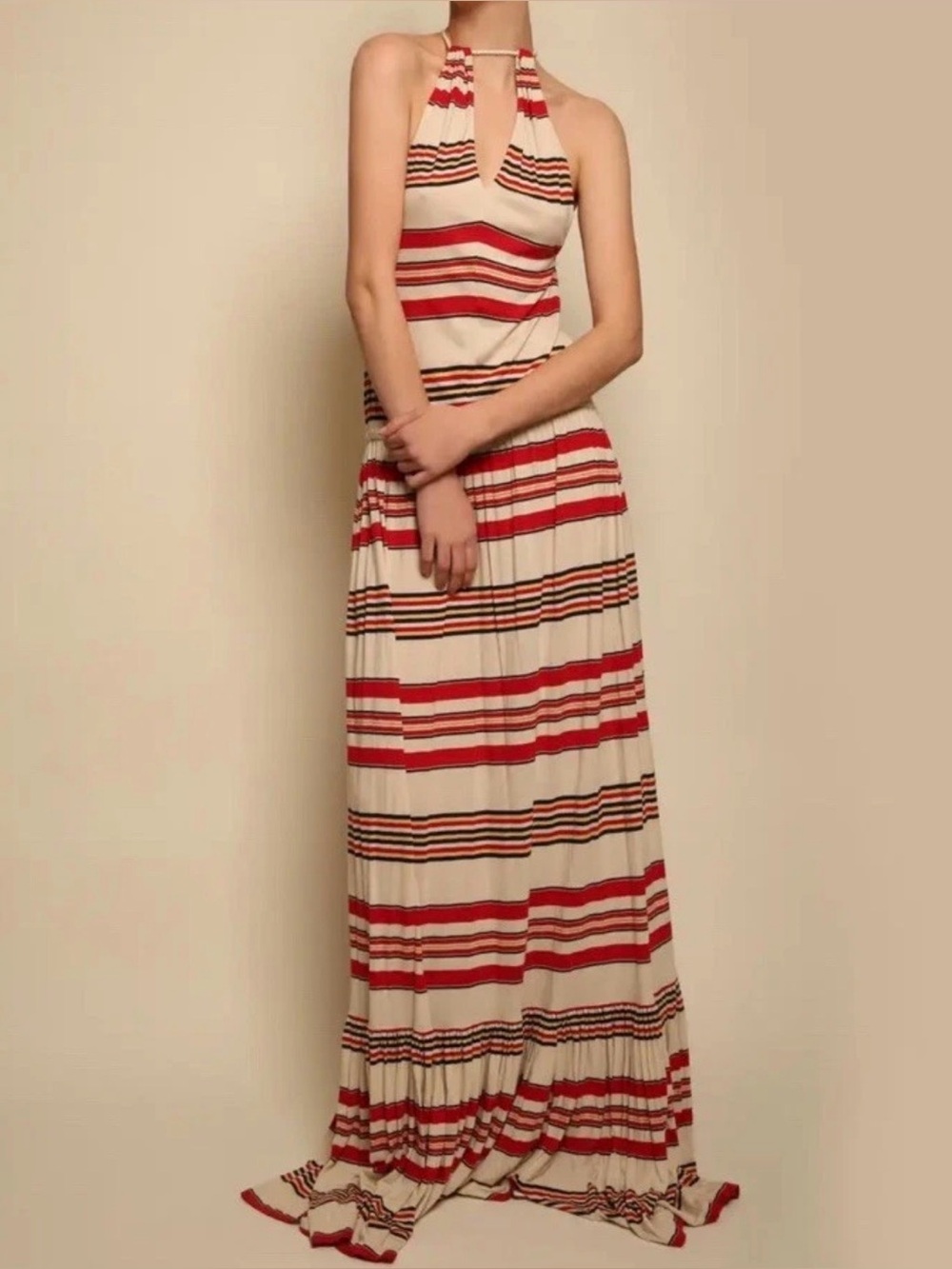 Ralph Lauren Jersey Gown Striped Halter Rope Tie Maxi Dress M  read description